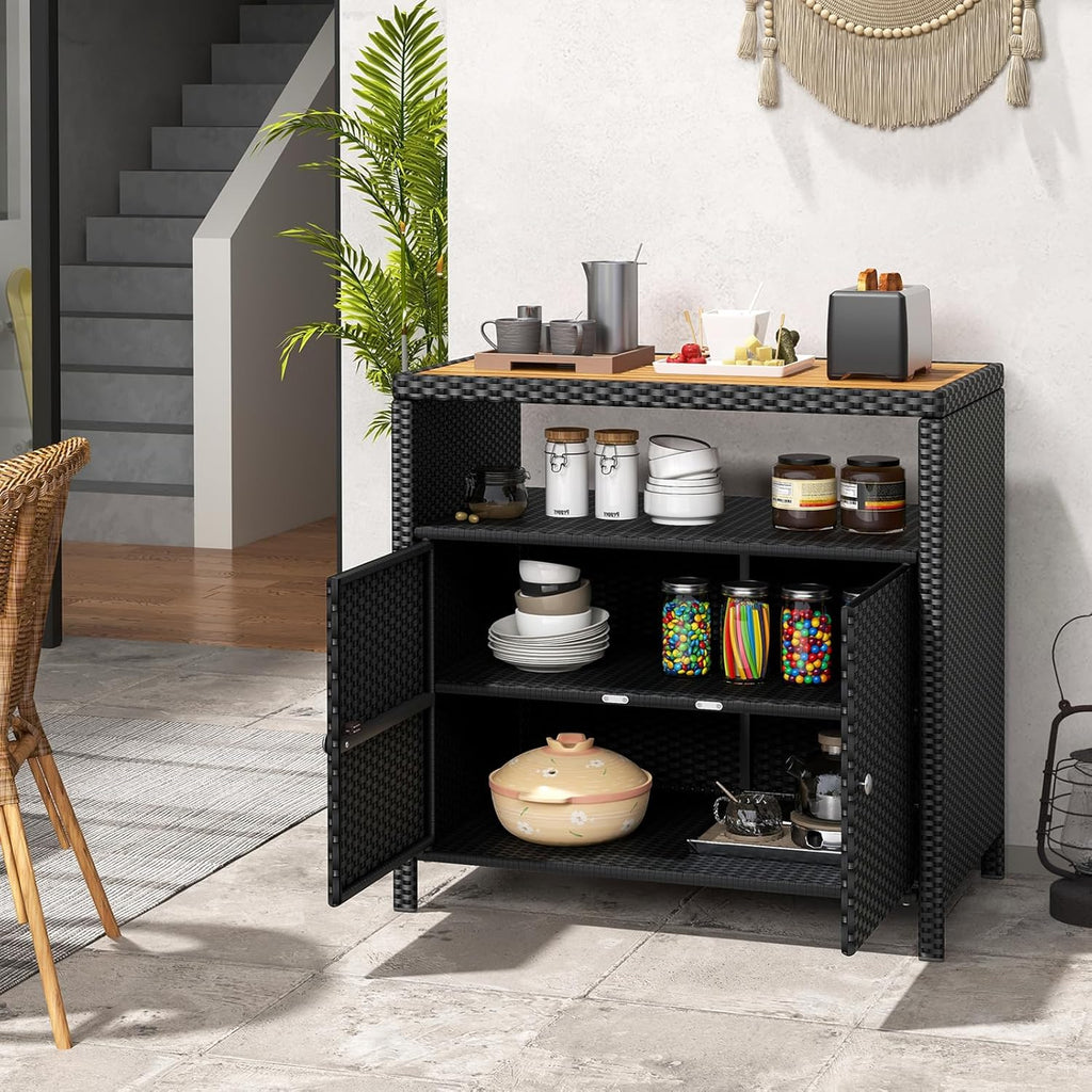 RELAX4LIFE Wicker Outdoor Bar Cabinet - PE Rattan Patio Bar Table w/Acacia Wood Countertop, Open Shelf & 2 Doors, Buffet Sideboard Organizer for Garden Backyard Pool, Outside Storage Cabinet (Black)