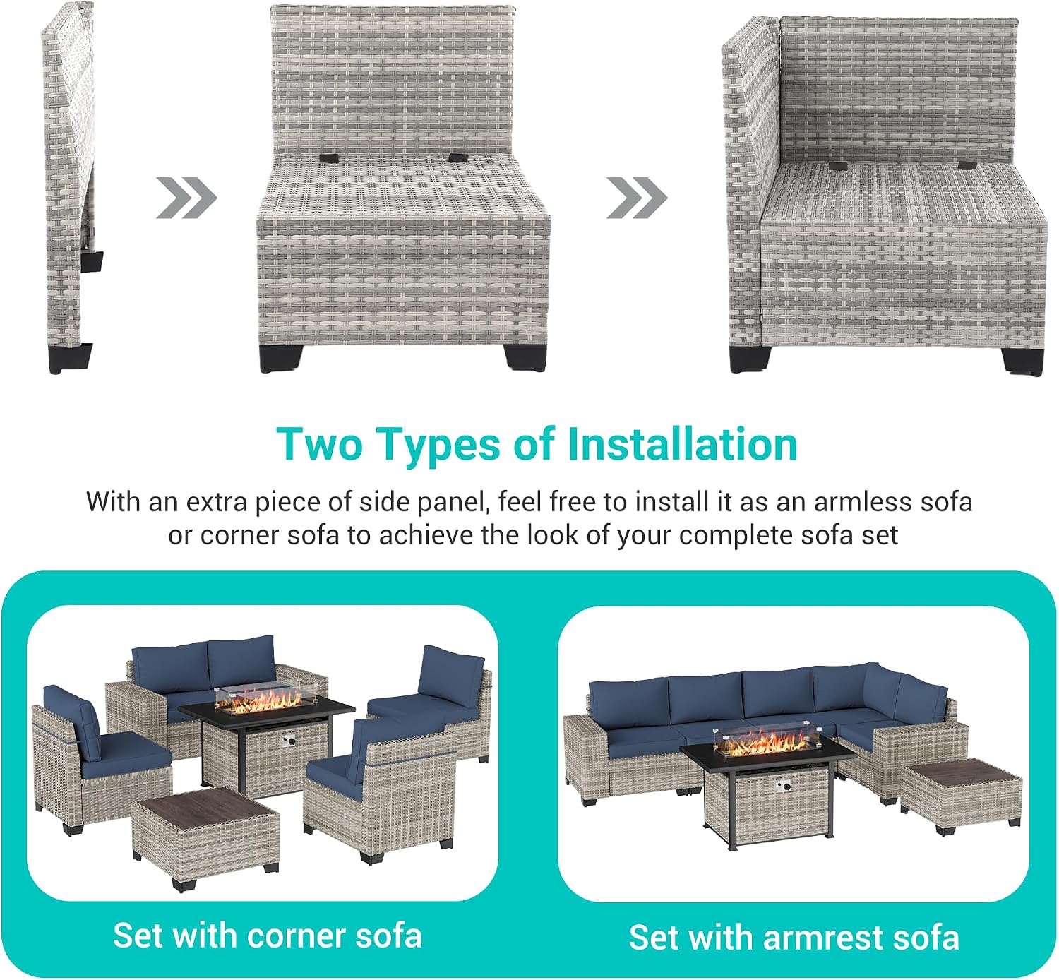 7PCS Outdoor Patio Furniture Set with 55,000 BTU Fire Pit Table, PE Wicker Rattan Sectional Sofa Patio Conversation Set with Thickened Cushions & Coffee Table for Garden, Navy Blue