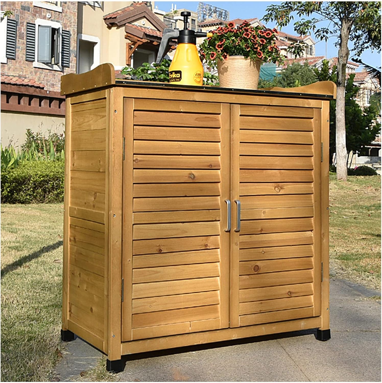Furniture Waterproof Tool Shed Outdoor Garden Patio Storage Cabinet with Potting Benches Outdoor Work Station Table (Color : Brown)