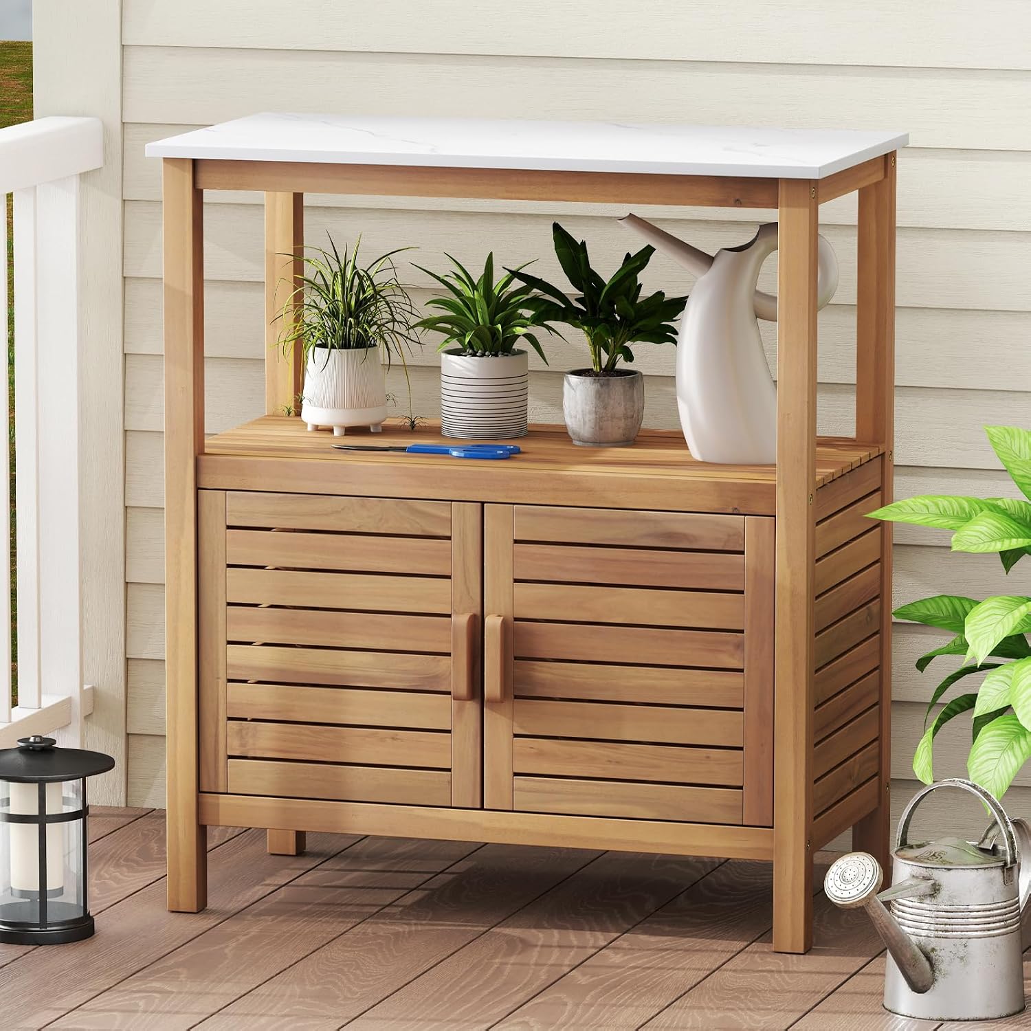 Giantex Outdoor Potting Bench, Acacia Wood Planting Workstation with 2-Door Storage Cabinet, Faux Marble Tabletop, Open Storage Shelves, Garden Potting Table for Horticulture