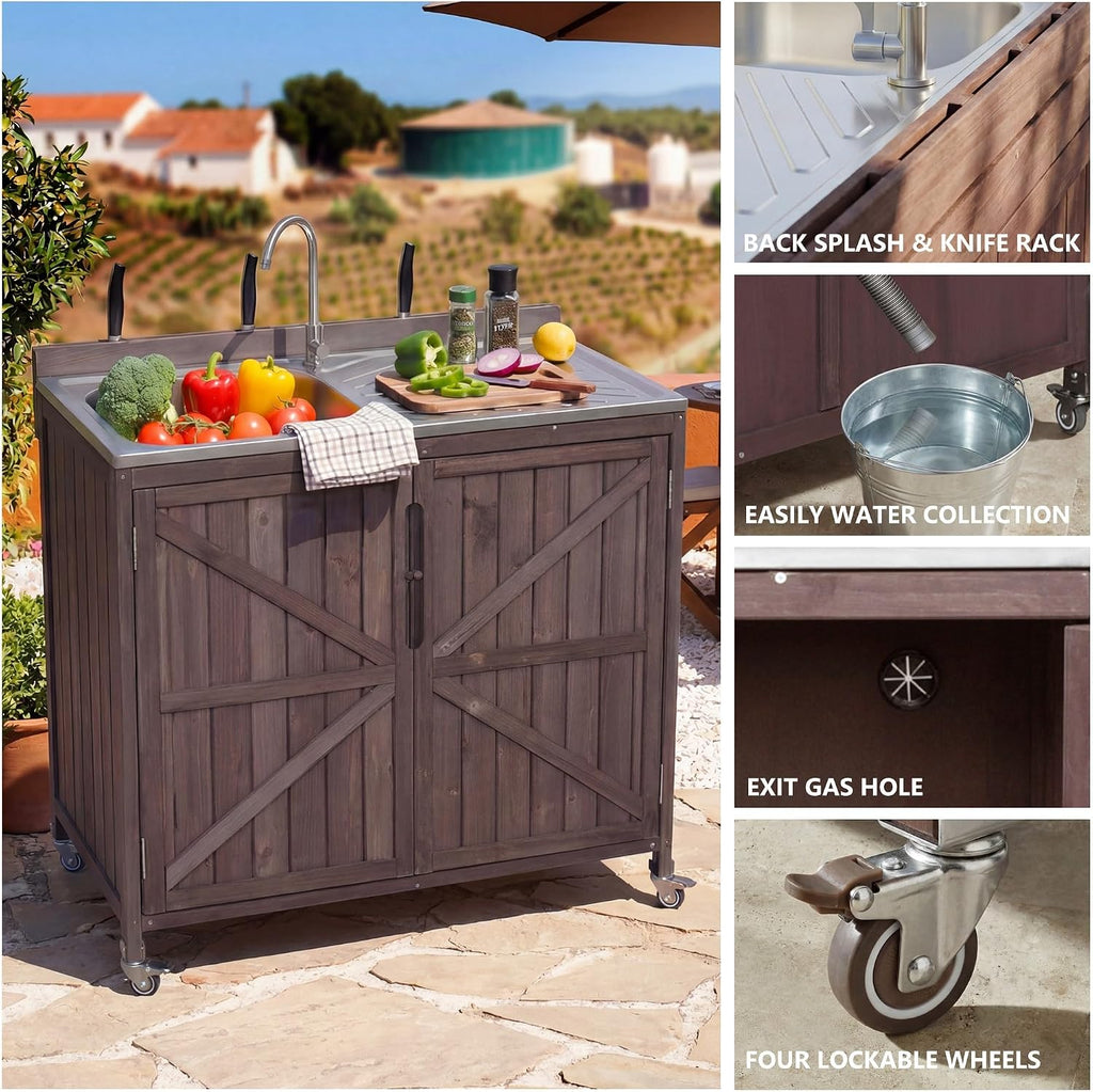 LUMISOL Outdoor Kitchen Island with Stainless Steel Top, Farmhouse Outdoor Grill Table with Sink, Hose Hook Up & Faucet, 39.4' Rolling Kitchen Cart with Back Splash & 4 Wheel, Dark Brown