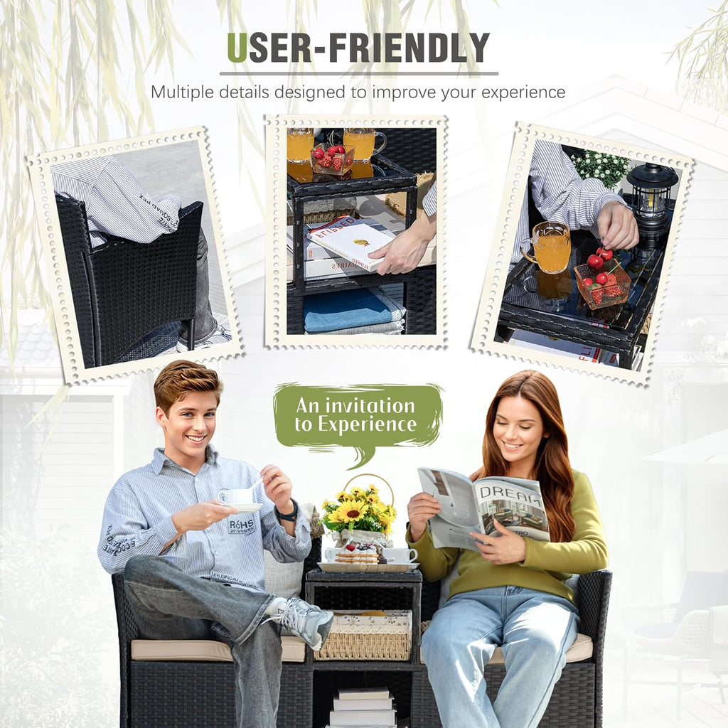 Greesum Patio Loveseat Outdoor Wicker Furniture Conversation Set with Soft Cushions & Built-in Coffee Table for Lawn Garden Backyard, Beige