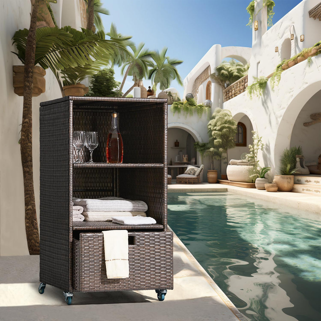 Outdoor Towel Rack for Pool Outdoor Pool Towel Storage Cabinet with Shelf & Drawer Poolside Towels Valet Caddy with Rolling Wheels Wicker Poolside Towels Holder with Cover for Hot Tub Espresso