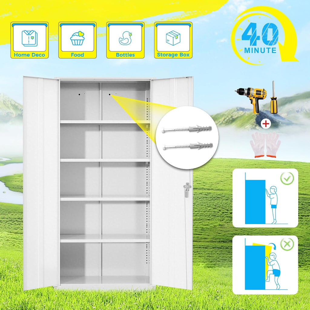 Pataku Metal Storage Cabinet, Garage Cabinet with Doors and Shelves Lockable Steel Multifunctional Cabinets, White File Cabinets for Home, Office, Garage, Warehouse