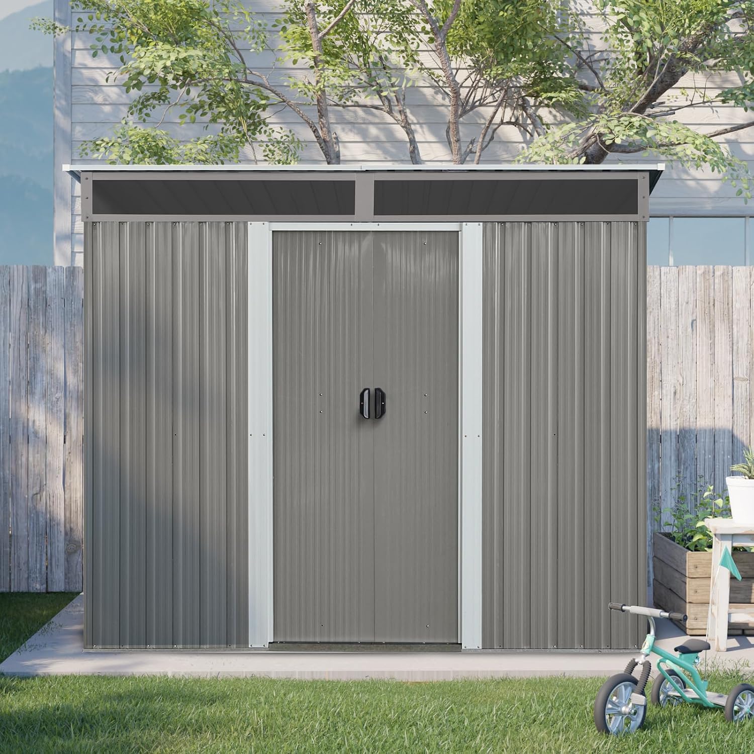 JT 8X6FT Outdoor Storage Shed, Galvanized Metal Garden Shed with Window and Metal Foundation, Tool Storage Shed for Patio Lawn Backyard (Gray- 8ft x 6ft)