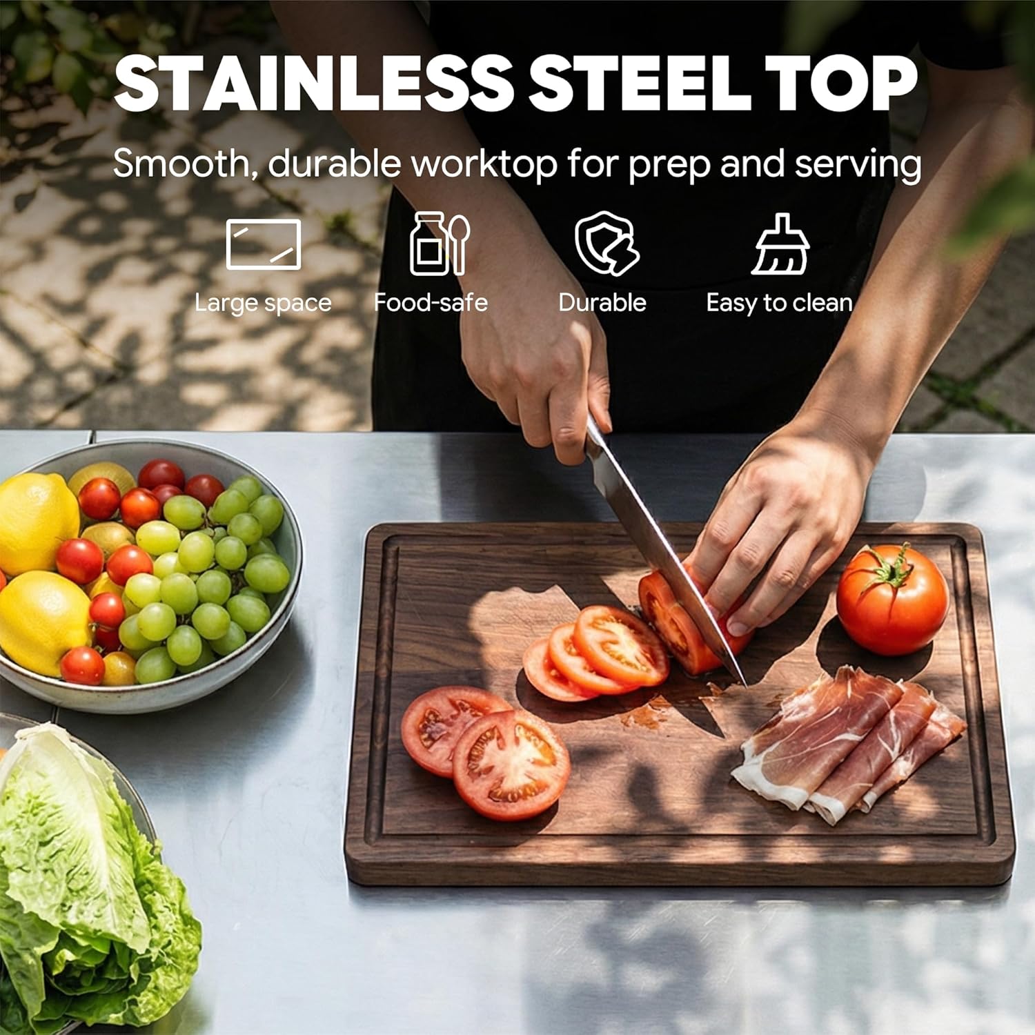 Outdoor Kitchen Island with Cabinet, Outdoor Grill Table with Stainless Steel Top for Pizza Oven& Griddles, Movable Bar Cart with Pull-Out Plate for Parties& Gathering, Heavy-Duty, L74'x W24'
