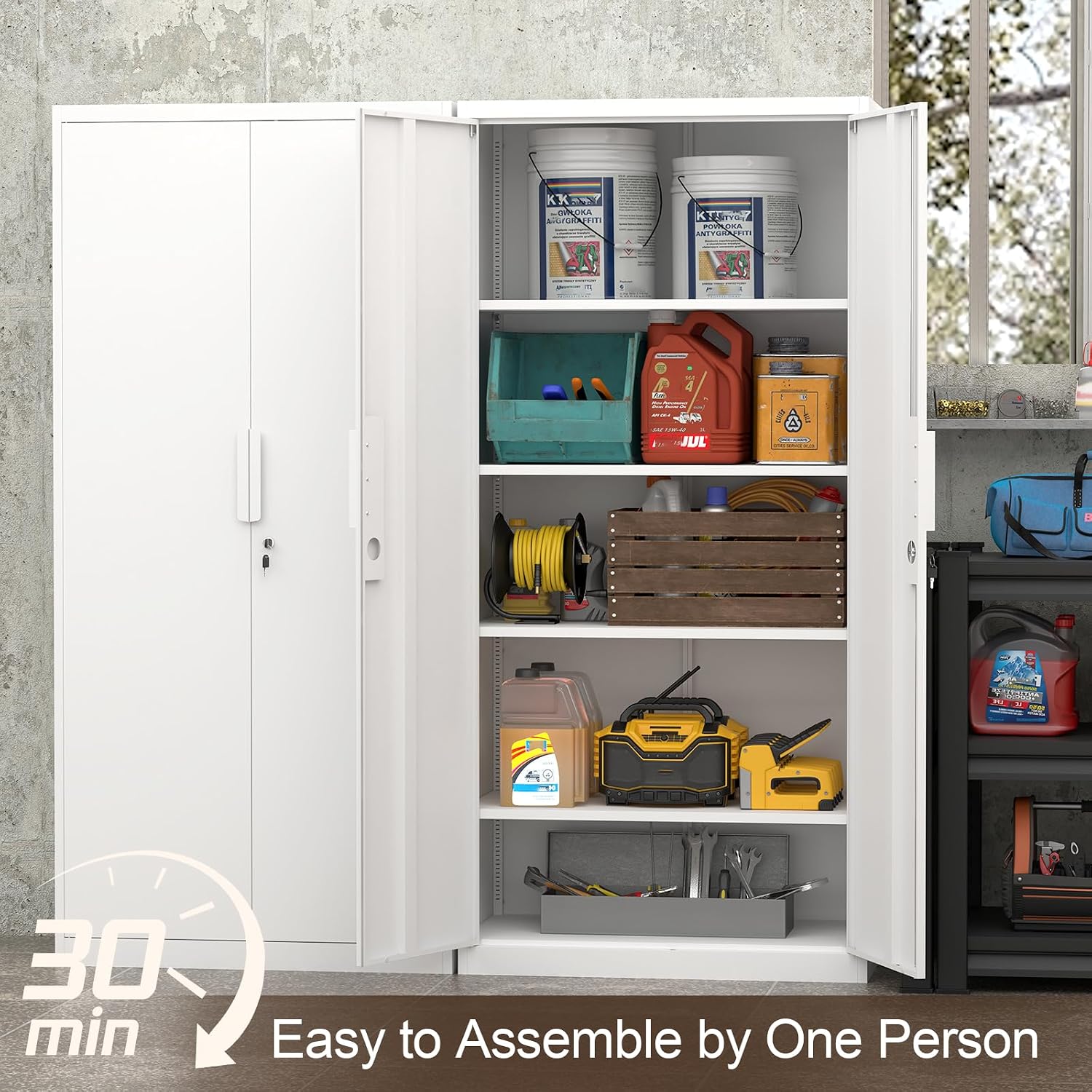 GREATMEET Metal Garage Storage Cabinets, 72' Tall Locking Cabinets with Doors and Shelves, Utility Cabinet with Lock for Garage, Home, White