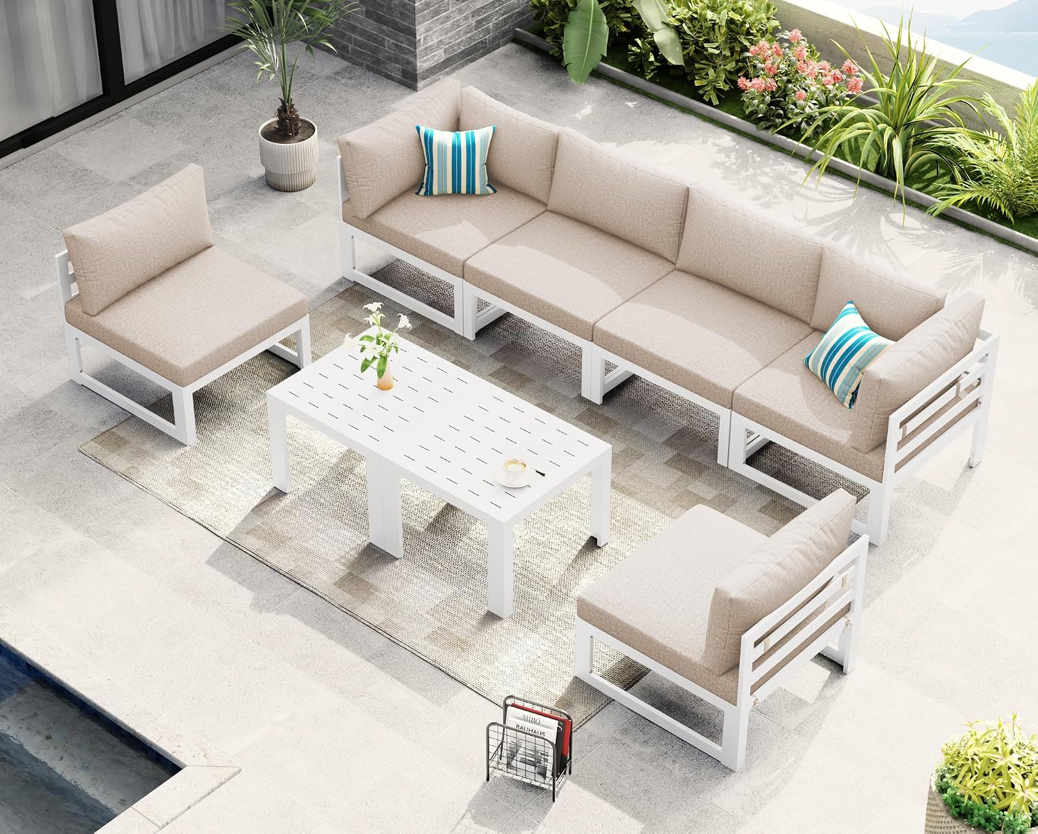 NICESOUL 8 Piece Modern Aluminum Patio Furniture Set, 500lbs Heavy Duty Durable Outdoor Sectional Sofa, 29' Deep Wide Oversized Seating, L Shaped Comfortable Conversation Couch for Garden Deck, Beige
