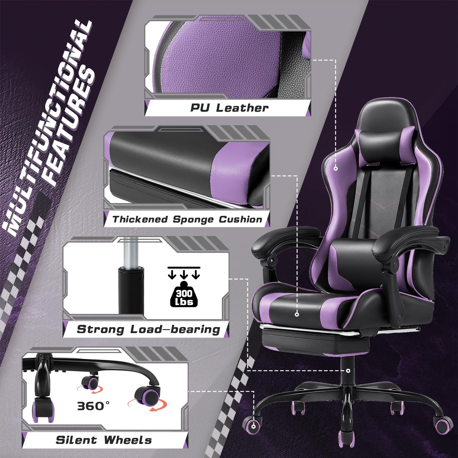 Shahoo Gaming Chair with Footrest and Massage Lumbar Support, Computer Chairs, Video Racing Seat Height Adjustable with 360°Swivel and Headrest for Office or Bedroom, Purple