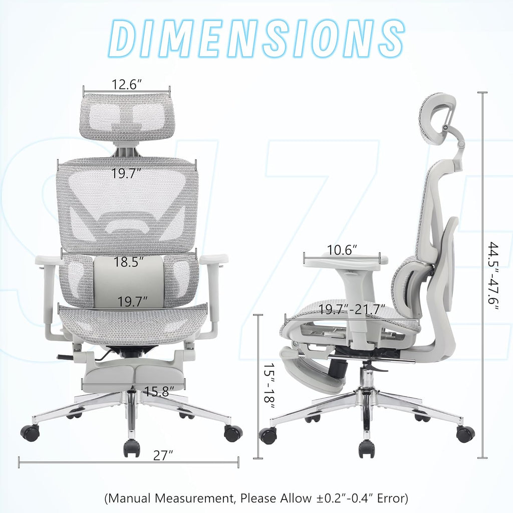 Ergonomic Office Chair with Footrest, High Back Mesh Computer Chair with Lumbar Support, 5-Level Backrest Height, 4D Flip-Up Arms for Home & Gaming Desk (Gray Mesh 3-Zone Lumbar Support+4D Armrest)