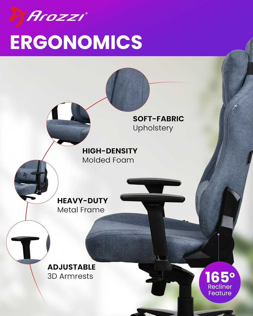 Arozzi Vernazza Soft Fabric Durable Upholstery Ergonomic Office and Gaming Chair with High-Level Features Like 3D Armrests and a Pro Mechanism Along with Soft Neck & Lumbar Support Pillows-Blue