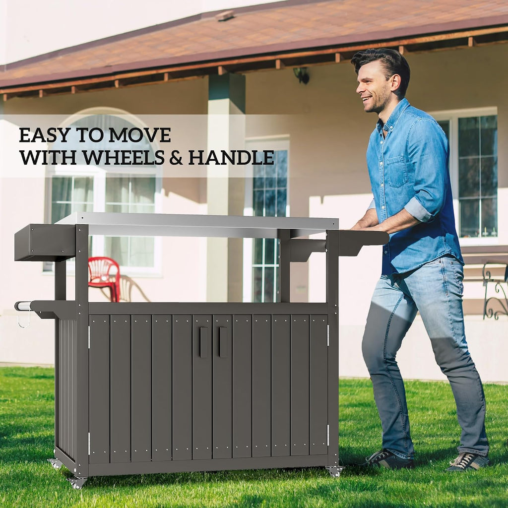 Outsunny Outdoor Bar Cart with Storage Cabinet, Stainless Steel Top Kitchen Island on Wheels, HDPE Outdoor Bar Table, Movable Patio Beverage Food Prep Table for BBQ Picnic, Dark Gray