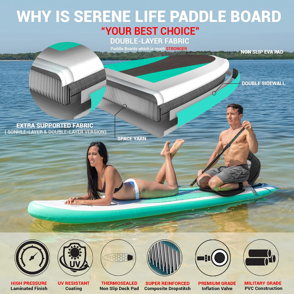 SereneLife 10' Inflatable Stand Up Paddle Board 2-Pack with Premium SUP Accessories – 32' Wide Stable Design with Non-Slip EVA Deck Pad for Youth and Adults, 350 lbs. Capacity Each