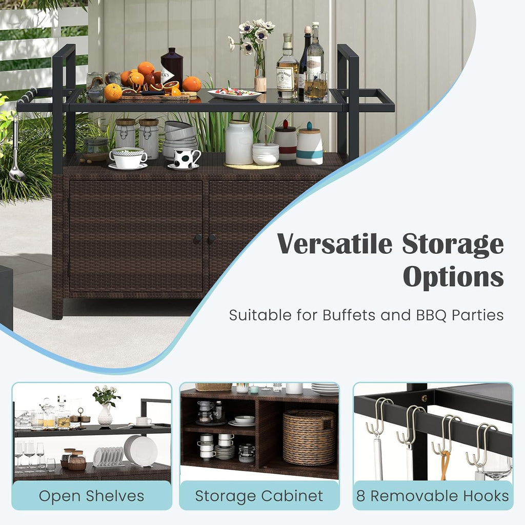 Tangkula Outdoor Bar Cart, Patiojoy Rolling Wicker Buffet Serving Cart with Tempered Glass Top, Storage Cabinet & 8 Hooks, Kitchen Island Cart on Wheels for Porch Backyard Garden Poolside (Mix Brown)