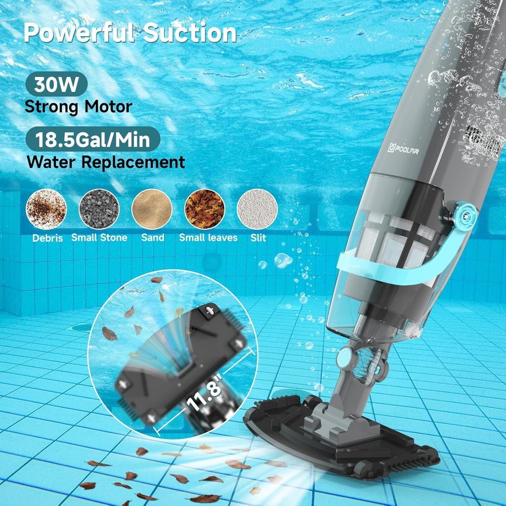 PoolMr Cordless Handheld Pool Vacuum, Rechargeable Pool Cleaner with 18.5 Gal/Min Suction, 60 Min Runtime, Dual-Phase Cleaning System, Ideal for Above Ground Pools, Spas, Hot Tubs, Black