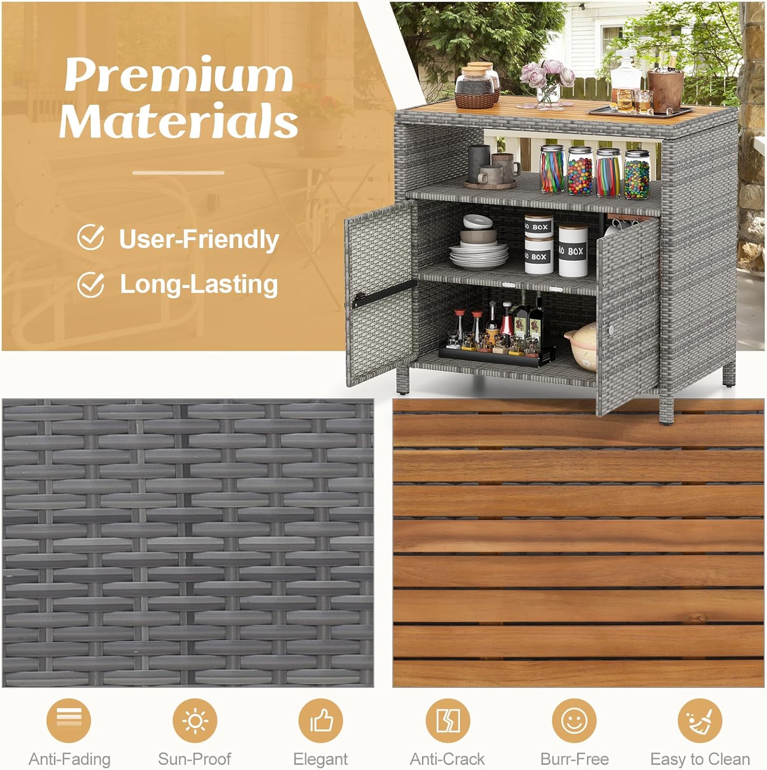 RELAX4LIFE Wicker Outdoor Bar Cabinet - PE Rattan Patio Bar Table w/Acacia Wood Countertop, Open Shelf & 2 Doors, Buffet Sideboard Organizer for Garden Backyard Pool, Outside Storage Cabinet (Grey)