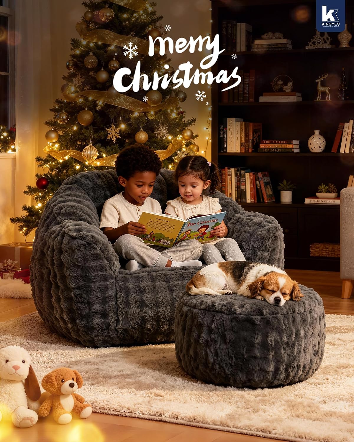 KINGYES Giant Bean Bag Chair with Ottoman, 3 in 1 Bean Bag Couch with Memory Foam Filler,Gaming Chair for Adults, Bean Bag for Kids & Teen, Dark Gray