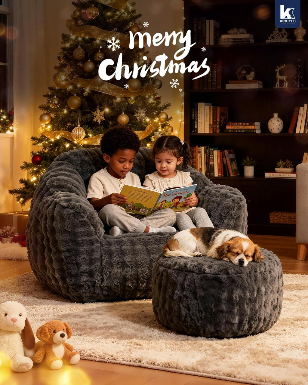 KINGYES Giant Bean Bag Chair, Fluffy Bean Bag Chair with Armrest, Memory Foam Beanbag for Adults, Dark Gray(Pillow not Included)