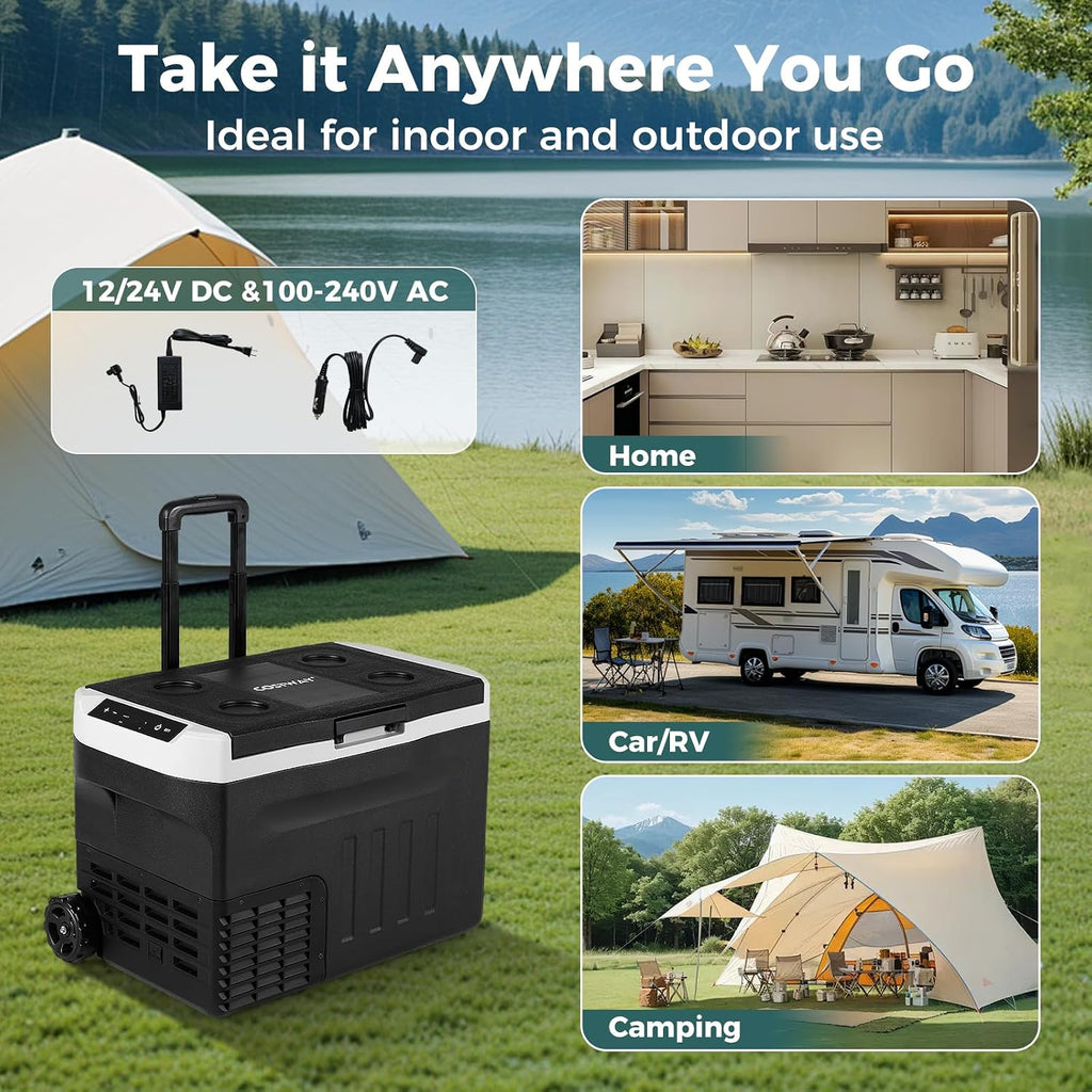 COSTWAY Portable Car Refrigerator, 32-quart Car Fridge with Adjustable Range -4℉~68℉, 12/24V DC 100-240V AC Electric Cooler Freezer with Divider for Camping, RV, Travel, Fishing, Home, Black