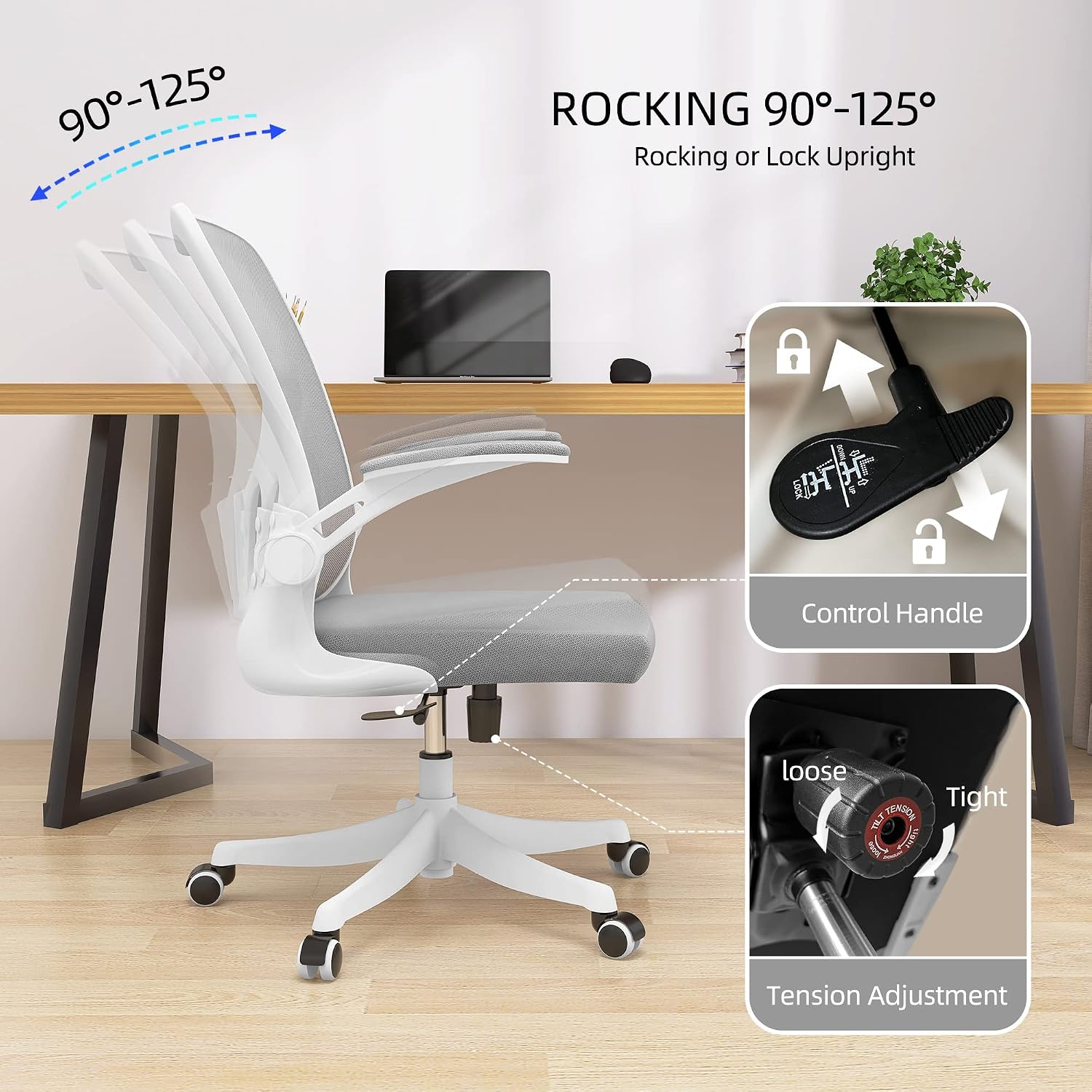 Monhey Ergonomic Office Chair, 90°-125° Tilt Back Home Desk Chair with 360° Swivel & Mute Wheels, High Back Mesh Computer Chair for Adults with Lumbar Support, 330 LBS Capacity (01White+Gray)