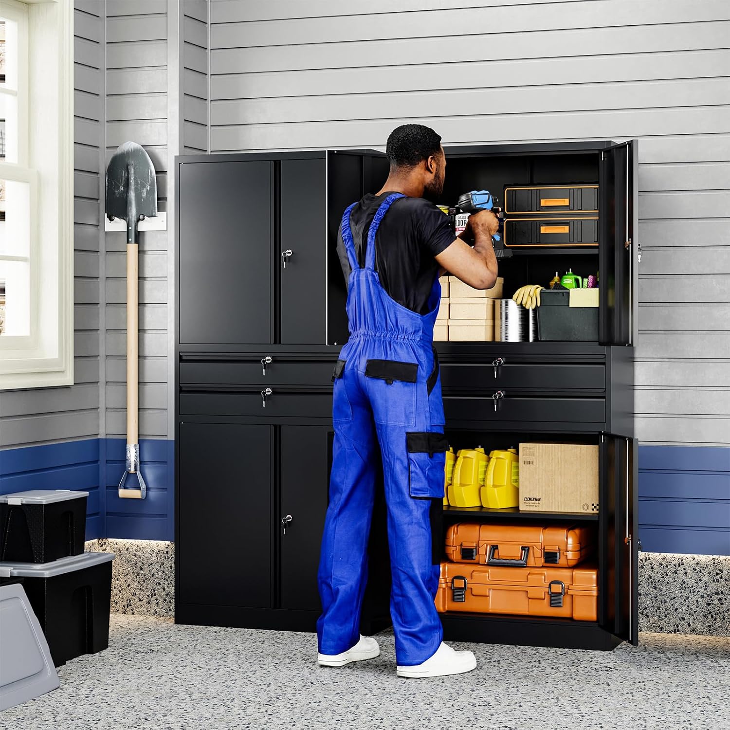Yizosh Metal Garage Storage Cabinet with Locking Doors and Adjustable Shelves, 71' Tool Storage Cabinet with 2 Drawer for Garage,Warehouse