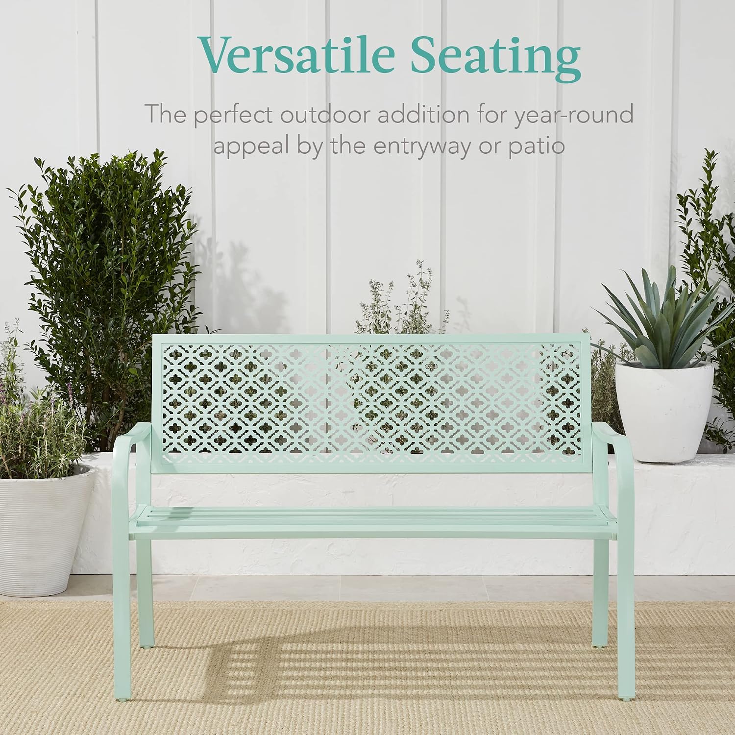 Best Choice Products Outdoor Bench 2-Person Metal Steel Benches Furniture for Garden, Patio, Porch, Entryway w/Geometric Backrest, 790lb Capacity - Mint Green