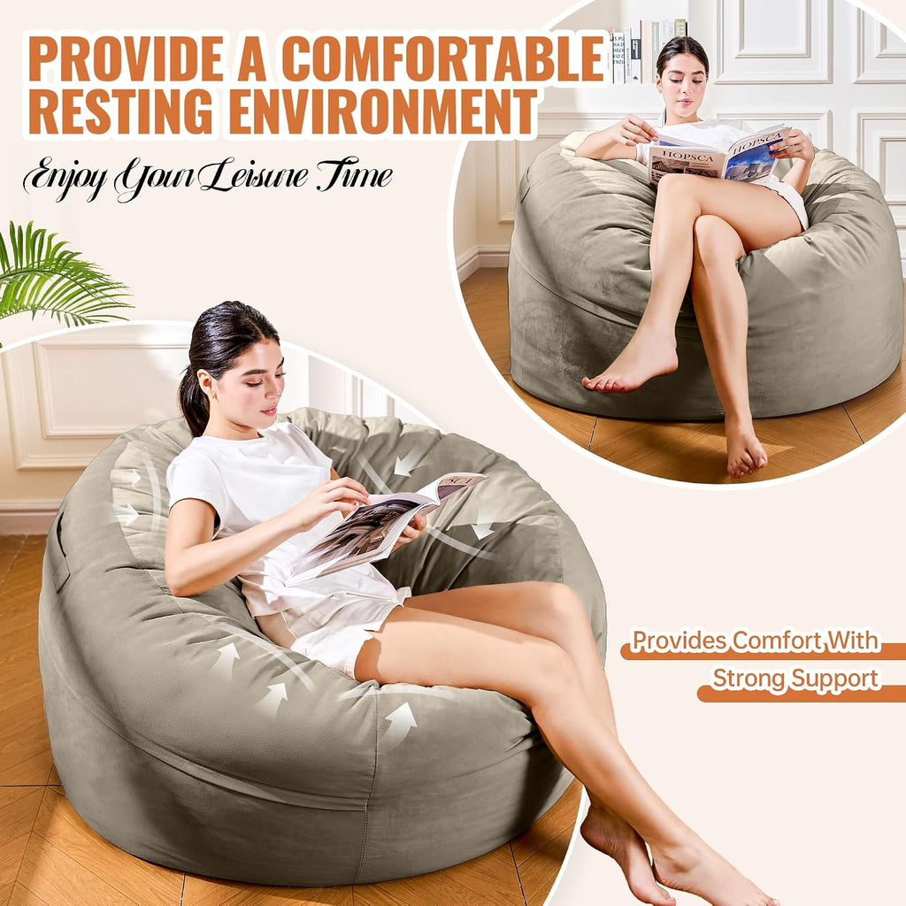 4FT Bean Bag Chair, Bean Bag Chairs for Adults and Kids, Fluffy and Comfy Bean Bag with Velvet Cover, Bean Bag with Memory Foam Filled for Gaming, Living Room, Playroom (Light Grey)