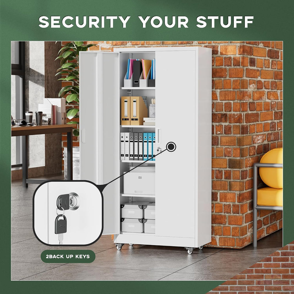 Greenvelly White Metal Storage Cabinet with Wheels, 73' Steel Garage Rolling Cabinet with Doors and 4 Shelves, Tall Locking Cabinets Tool Lockable Storage Cabinets for Basement, Pantry, Home Office