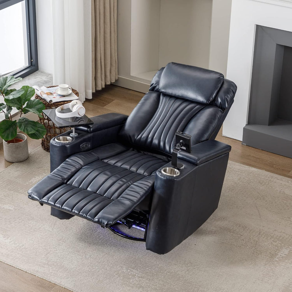 Merax 270 Degrees Power Swivel Recliner,Home Theater Seating with Hidden Arm Storage and LED Light Strip,Cup Holder,360 Degrees Swivel Tray Table,and Cell Phone Holder,Soft Living Room Chair,Blue