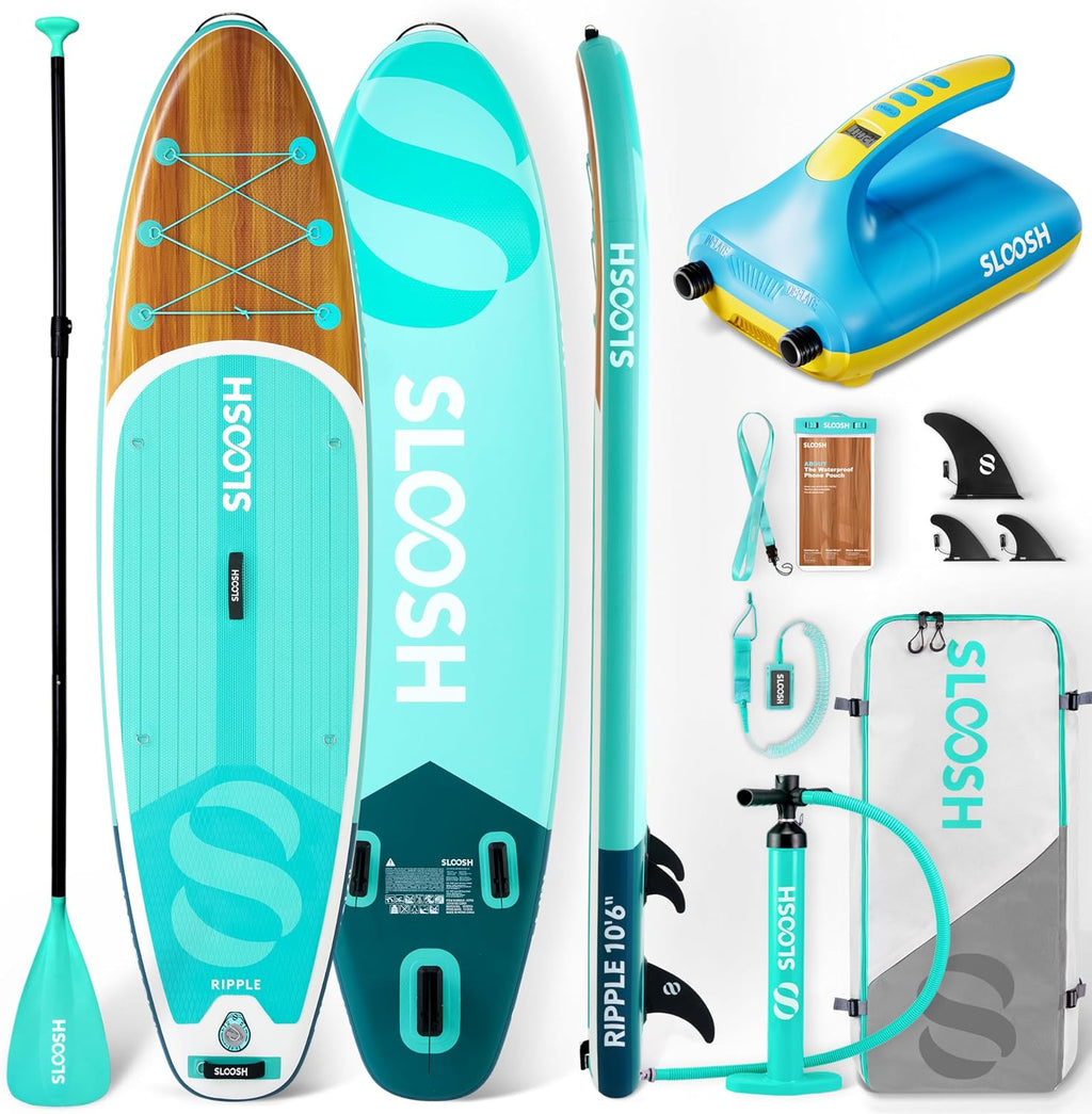 SLOOSH Inflatable SUP & Electric Pump Bundle – 10'6' Paddle Board with Premium Accessories, Non-Slip EVA Deck, 20 PSI Dual-Stage Pump for Fast Inflation, Perfect for Youth & Adults of All Skill Levels