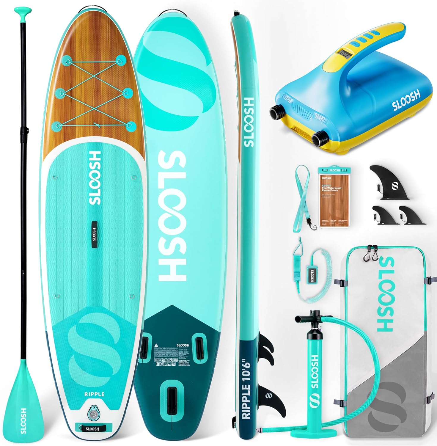 SLOOSH Inflatable SUP & Electric Pump Bundle – 10'6' Paddle Board with Premium Accessories, Non-Slip EVA Deck, 20 PSI Dual-Stage Pump for Fast Inflation, Perfect for Youth & Adults of All Skill Levels