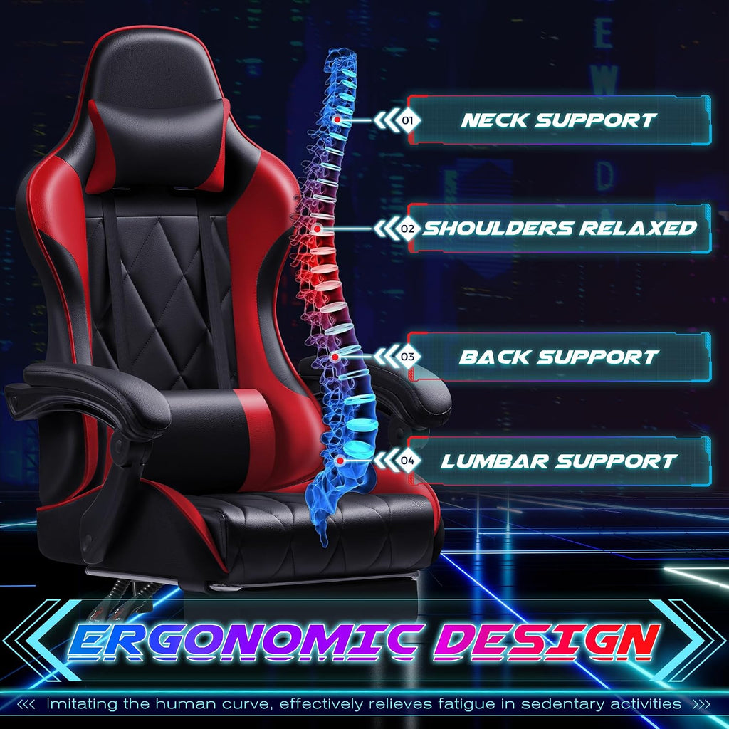 Shahoo Gaming Chair with Footrest and Massage Lumbar Support, Ergonomic Computer Seat Height Adjustable with 360°Swivel and Headrest, Red