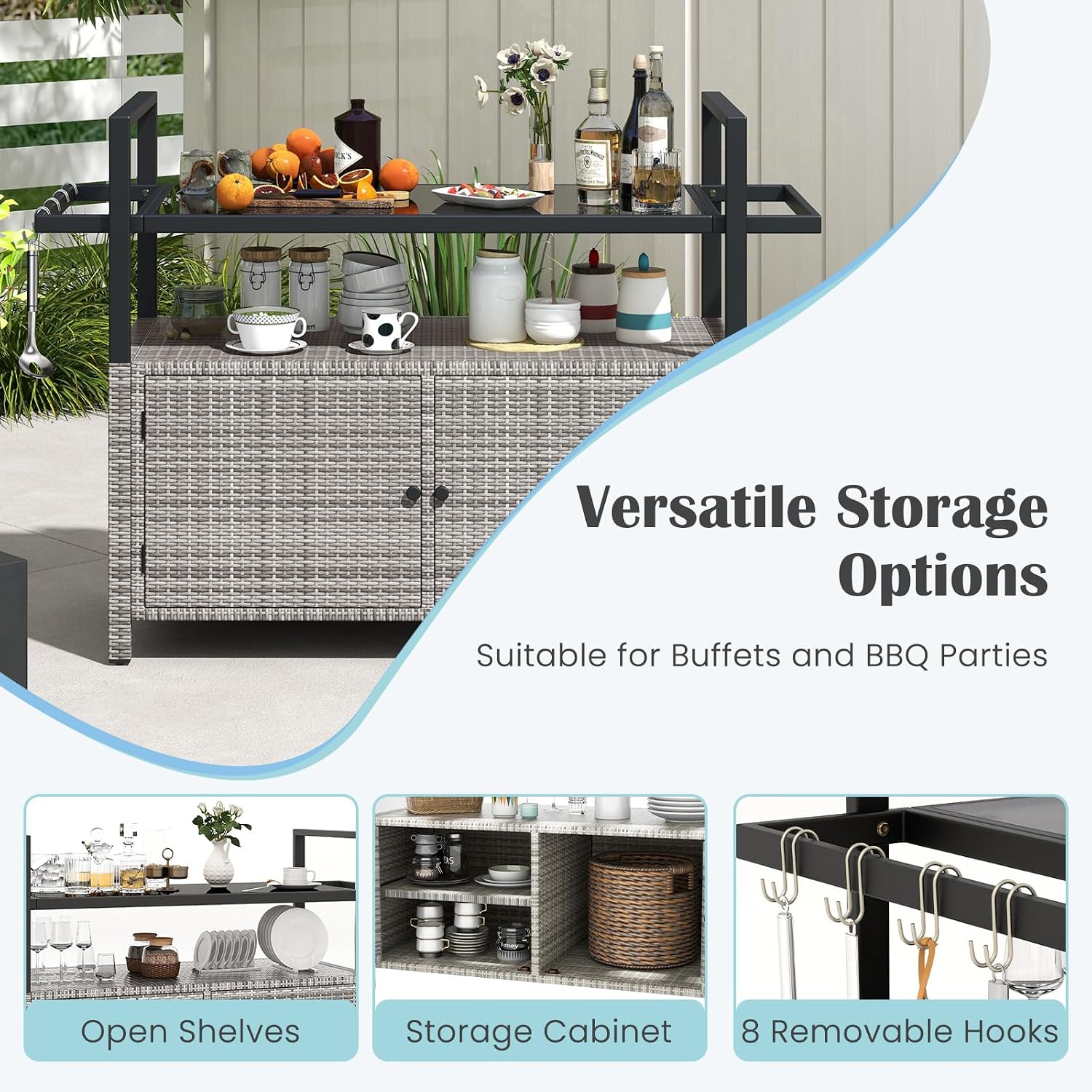 Tangkula Outdoor Bar Cart, Patiojoy Rolling Wicker Buffet Serving Cart with Tempered Glass Top, Storage Cabinet & 8 Hooks, Kitchen Island Cart on Wheels for Porch Backyard Garden Poolside (Mix Grey)