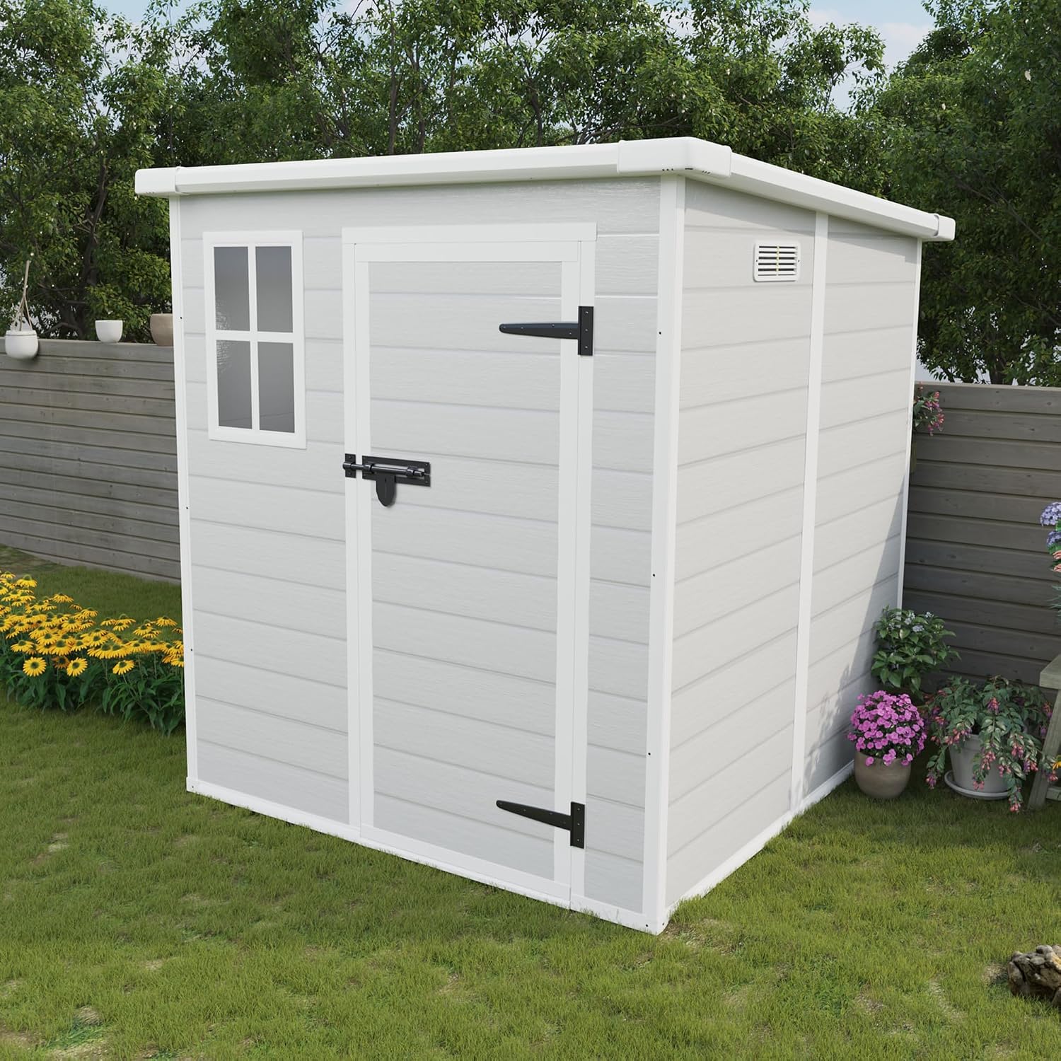 Resin Storage Shed 6x6ft Outdoor Storage Sheds with Floor & Window, Lockable Doors and Vents, Small Tool Shed with Sloped Roof, Sheds for Backyard, Garden, Patio, Lawn (Light Grey, 6 * 6ft)