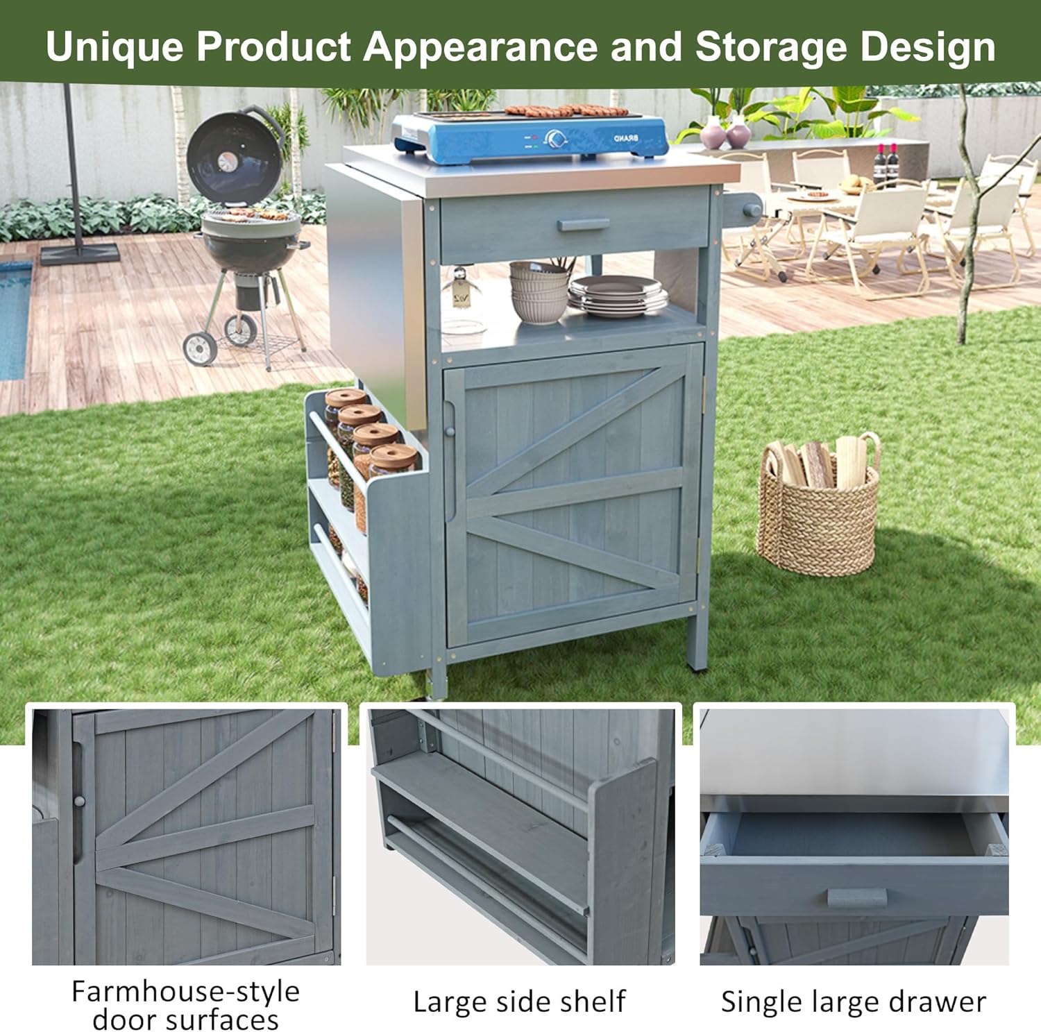 Merax 40.5' Outdoor Grill Cart with Stainless Steel Top, Outdoor Storage Cabinet with Drop Leaf, One Drawer, Towel Rack, Rolling Kitchen Cart with Lockable Wheels for Lawn Garden, Blue Grey