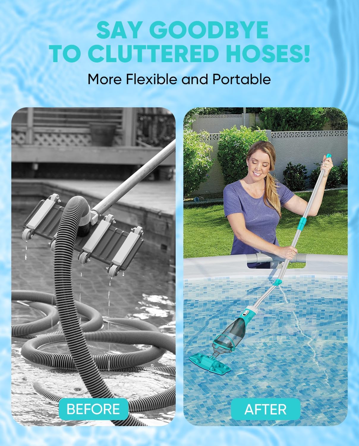 Cordless Pool Vacuum with Telescopic Pole, 18.5 GPM Powerful Suction, 1.5H Supercharge Technology, Handheld Pool Vacuum Cleaner for Above Ground/Inground Pools, Hot Tubs, Green