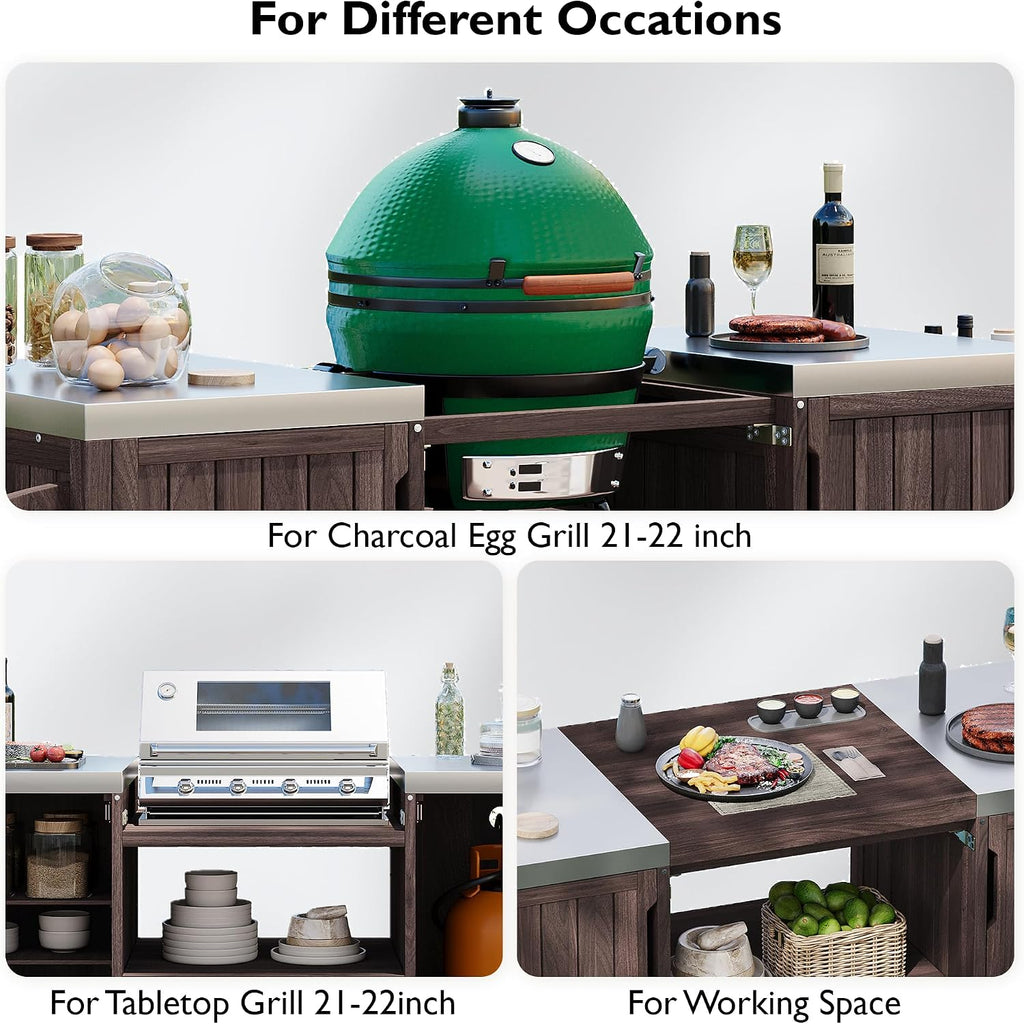 66.5' Large Outdoor Kitchen Island for Big Green Egg Grill, Outdoor Patio Bar Table with Stainless Steel Top and Adjustable Shelf, Rolling Grill Table Cart for Outside, Kitchen, BBQ, Dark Brown