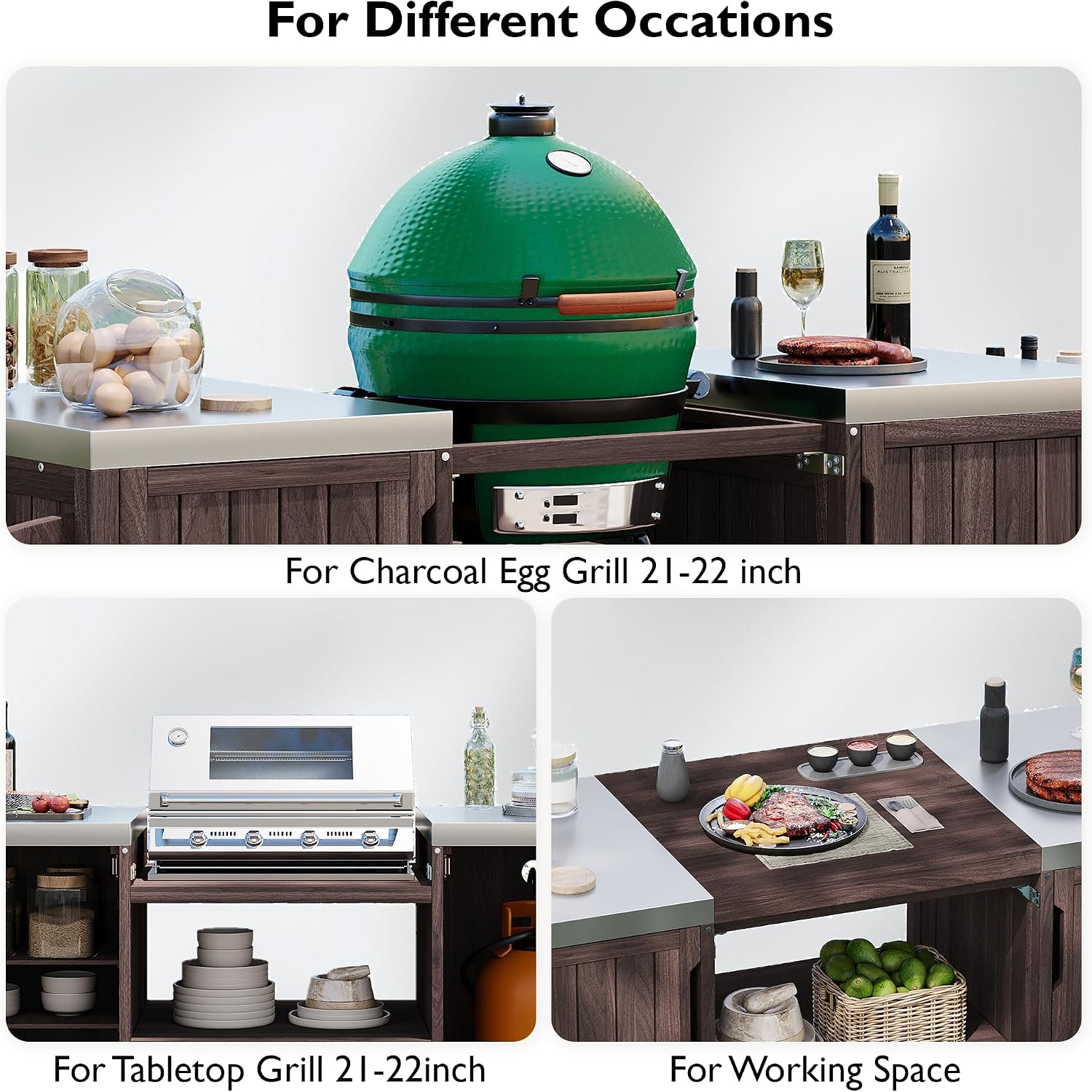 66.5' Large Outdoor Kitchen Island for Big Green Egg Grill, Outdoor Patio Bar Table with Stainless Steel Top and Adjustable Shelf, Rolling Grill Table Cart for Outside, Kitchen, BBQ, Dark Brown