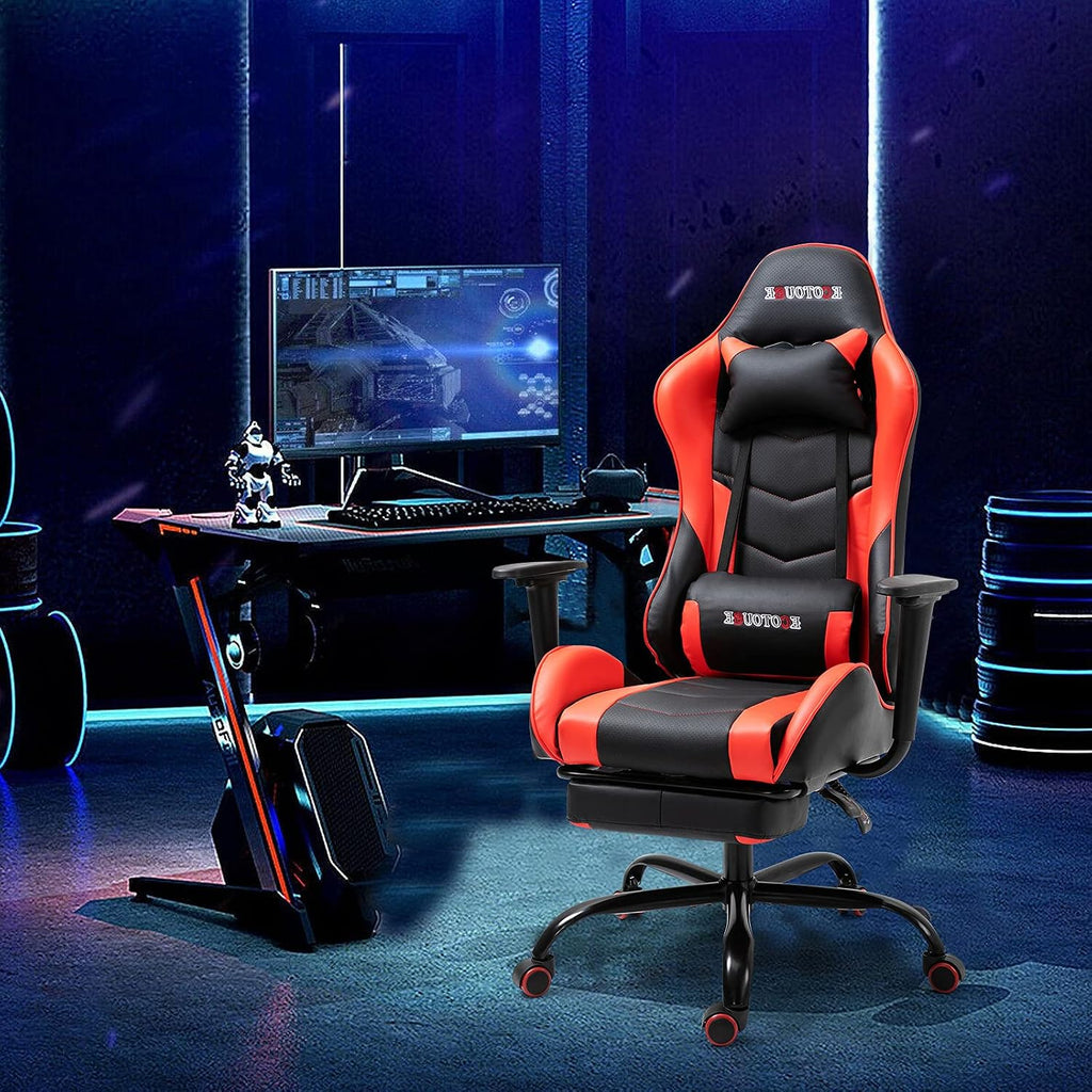 ECOTOUGE PC Massage Gaming Chair with Footrest Ergonomic Office Desk Chair Adjustable Massage Lumbar Cushion and Headrest, Red