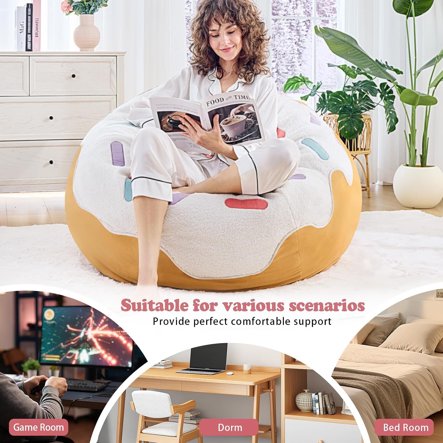 Donut Bean Bag Chair - Cute Bean Bag Sofa with Filler - Ideal for Girls Room and Dorm Decor - Oversized Lounge Chair for Teens and Kids - Plush BeanBag Furniture for Bedroom Living Room - 41inch