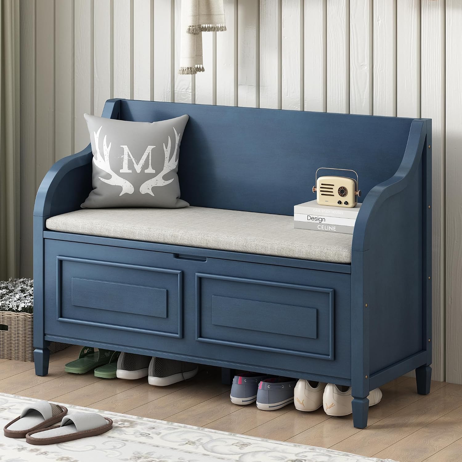 Bellemave Storage Bench with Safety Hinge Wooden Entryway Benches with Shoe Cabinets Under Seat Multifunctional Storage Bench for Entryway, Foyer or a Mudroom (Antique Navy+ Beige)