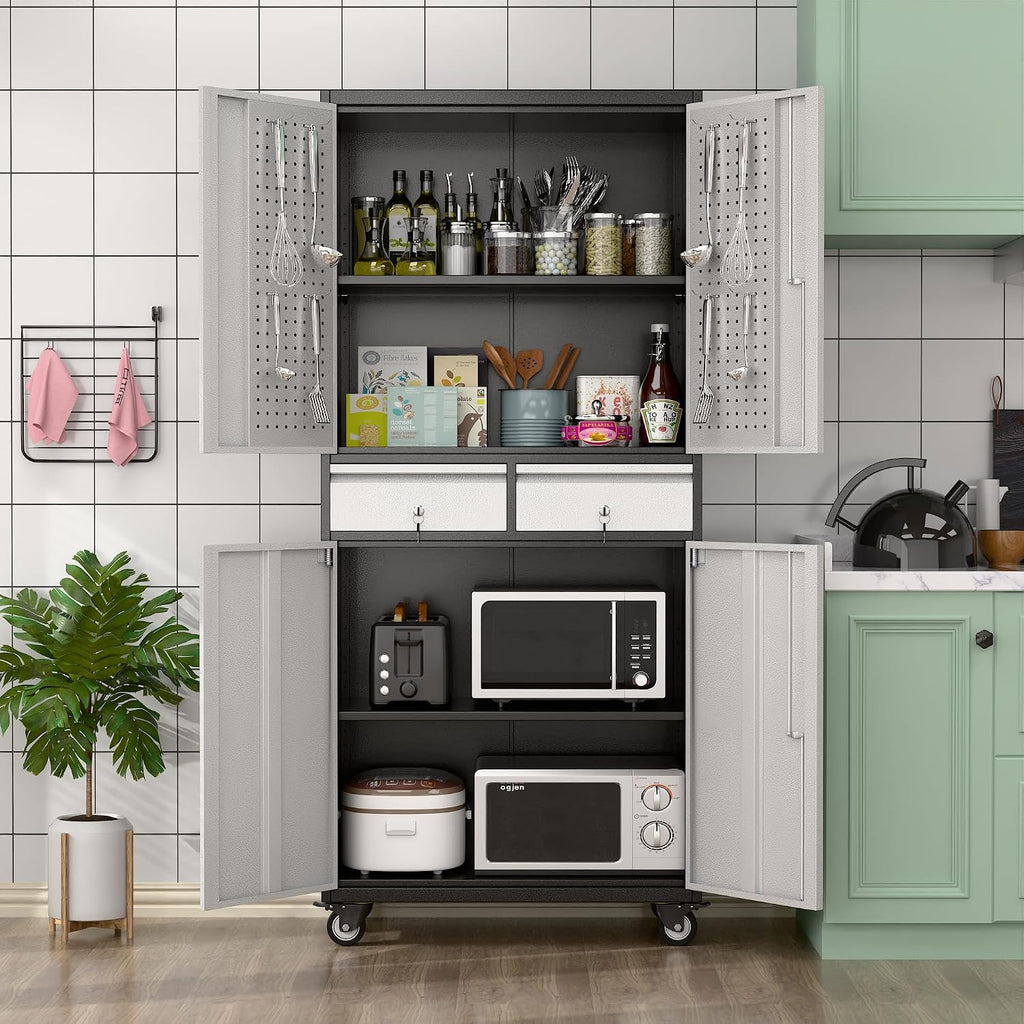71''H Metal Storage Cabinet with Wheels & Pegboard,Rolling Lockable Tool Cabinet with Adjustable Shelves & 2 Drawer for Garage,Offices,Homes,Pantries Assembly Required