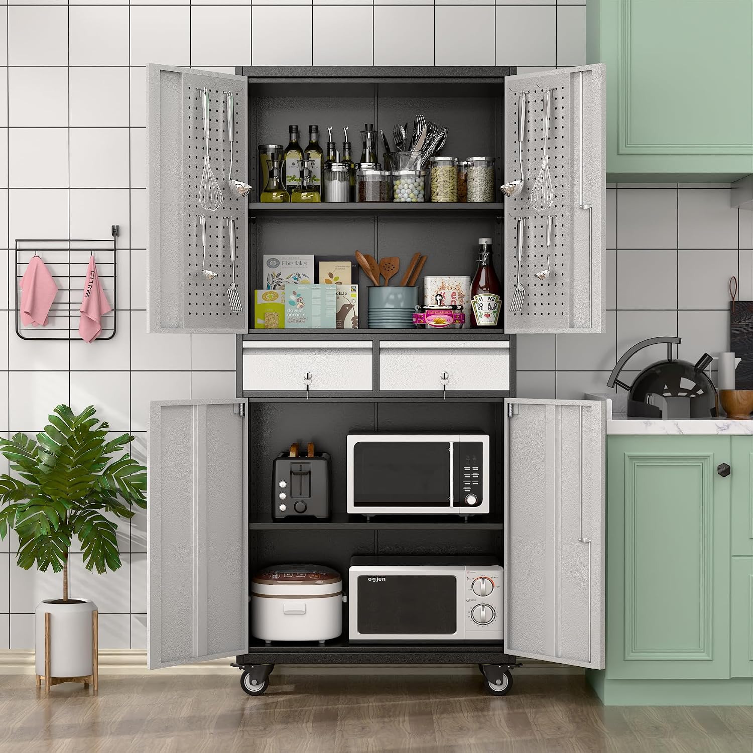 71''H Metal Storage Cabinet with Wheels & Pegboard,Rolling Lockable Tool Cabinet with Adjustable Shelves & 2 Drawer for Garage,Offices,Homes,Pantries Assembly Required