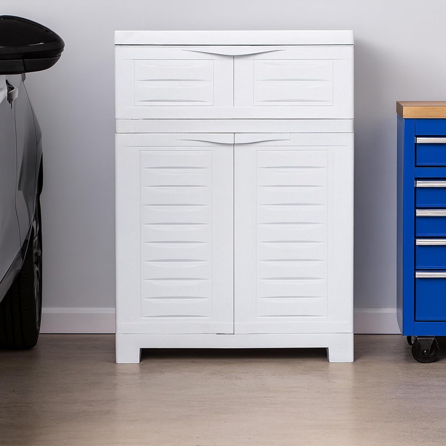 Sunnydaze 34.5' H Resin Garage Storage Cabinet - Garage Cabinet with Adjustable Shelf - Freestanding Utility Storage for Laundry Room, Office, Basement - Speckled White