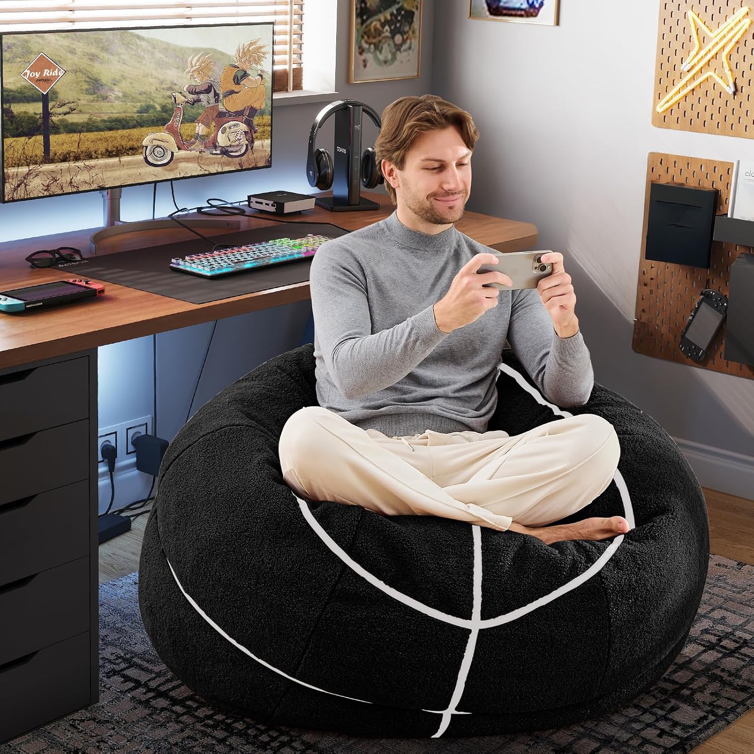 Sports Black Basketball Bean Bag Chair - Giant Bean Bag Chairs for Adults and Kids - Oversized Bean Bag Sofa Couch with Filler - Plush BeanBag Furniture for Living Room Bedroom Dorm Office - 44 Inch