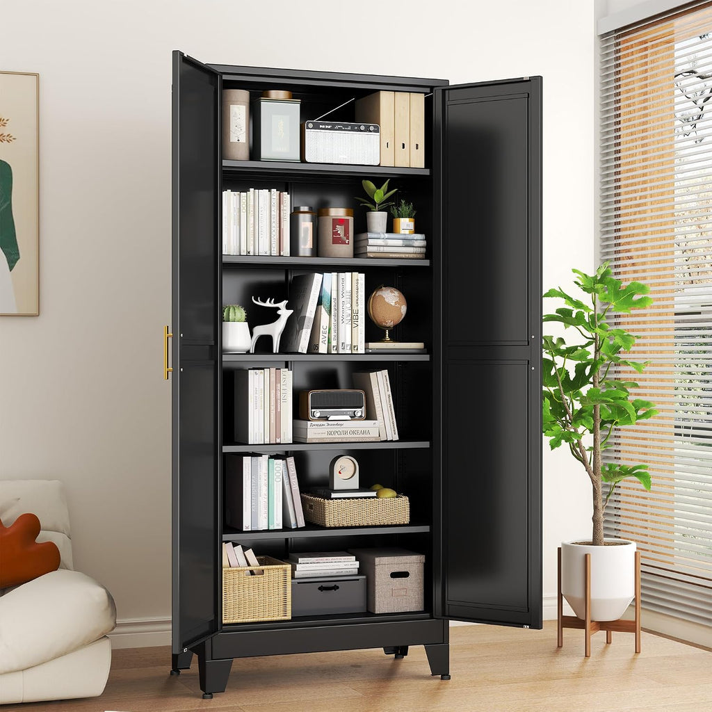 Black Metal Storage Cabinet,75' Steel Cabinets for Home Office, Kitchen Pantry Storage Cabinet with Doors and 5 Adjustable Shelves, Tool Cabinets, for Office, Home, Garage, School