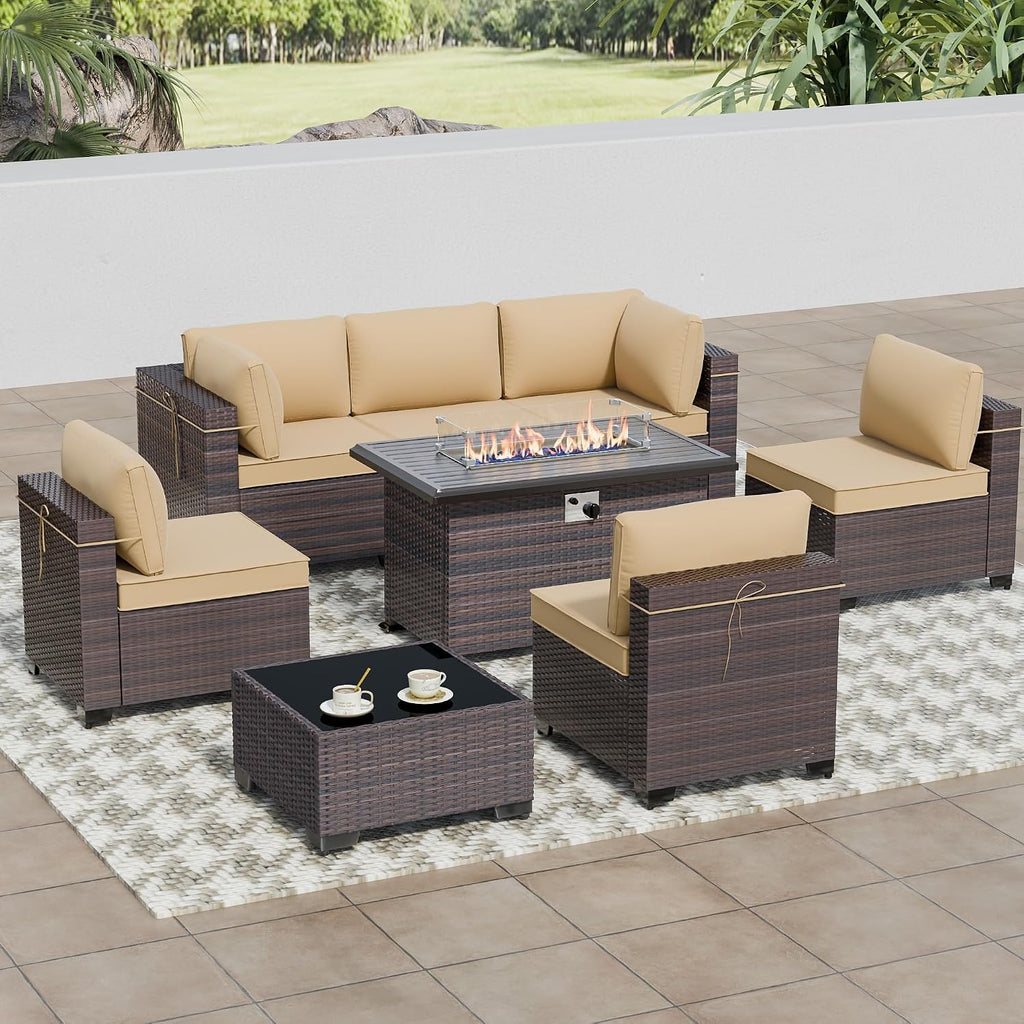8 Pieces Outdoor Patio Furniture Sets w/55000 BTU Propane Fire Pit Table,Wicker Conversation Sofa,Includes 6 All-Weather High Back PE Rattan Seating Components w/Coffee Table&Gas Fire Pit,Sand