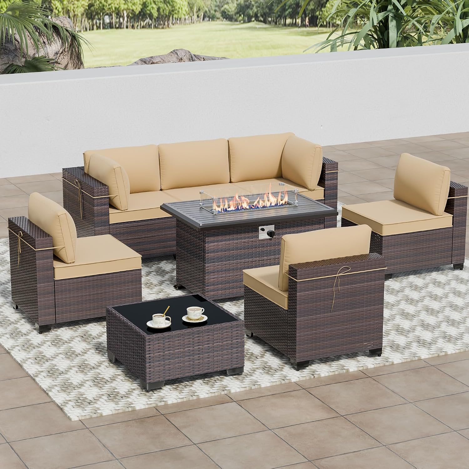 8 Pieces Outdoor Patio Furniture Sets w/55000 BTU Propane Fire Pit Table,Wicker Conversation Sofa,Includes 6 All-Weather High Back PE Rattan Seating Components w/Coffee Table&Gas Fire Pit,Sand