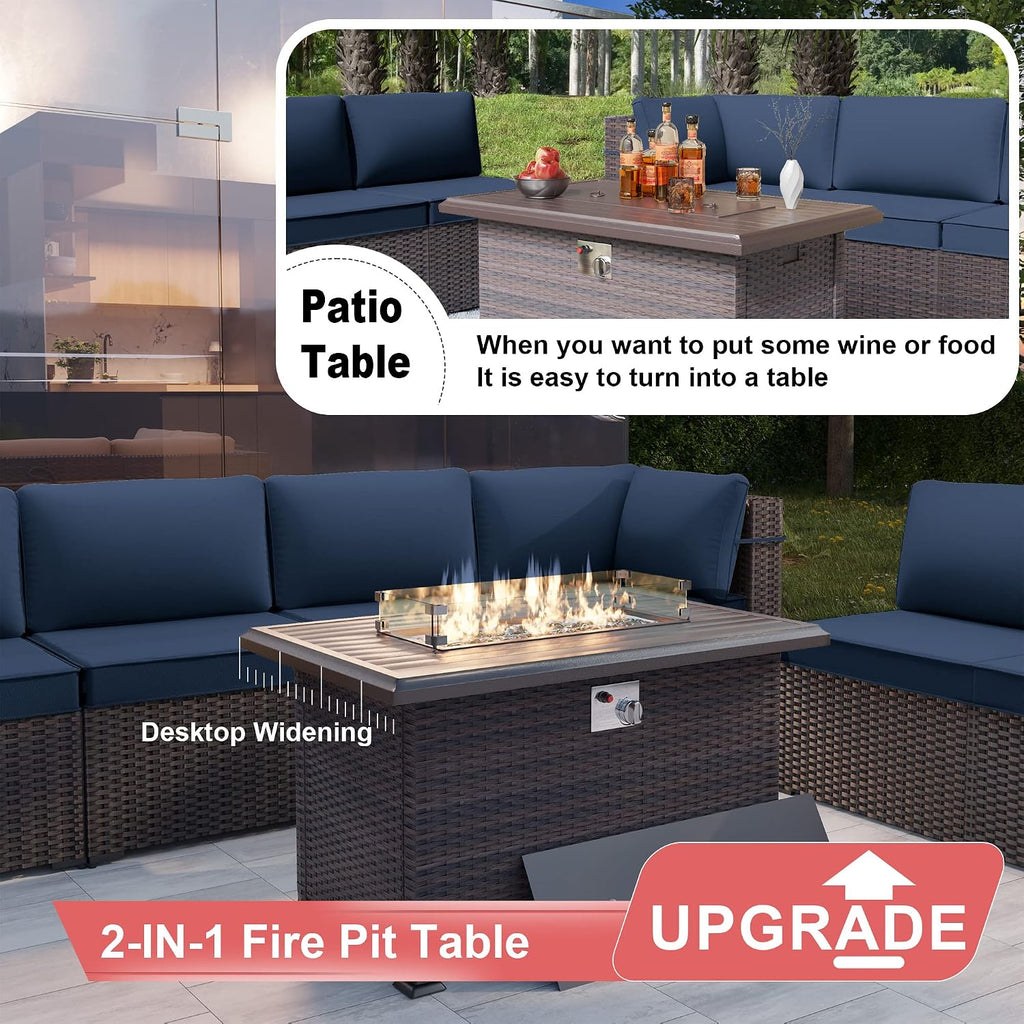 Kurapika 11 Pieces Patio Furniture Set, Rattan Wicker Outdoor Conversation Sets w/43in Propane Fire Pit Table and 4 Inch Cushion(Navy Blue)