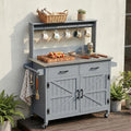 LUMISOL Grill Cart with Stainless Steel Top & High Shelf, Outdoor Solid Wood Kitchen Island with Lockable Wheels, Large Potting Bench Table with Storage Cabinet & Towel Rack, Grey+Blue